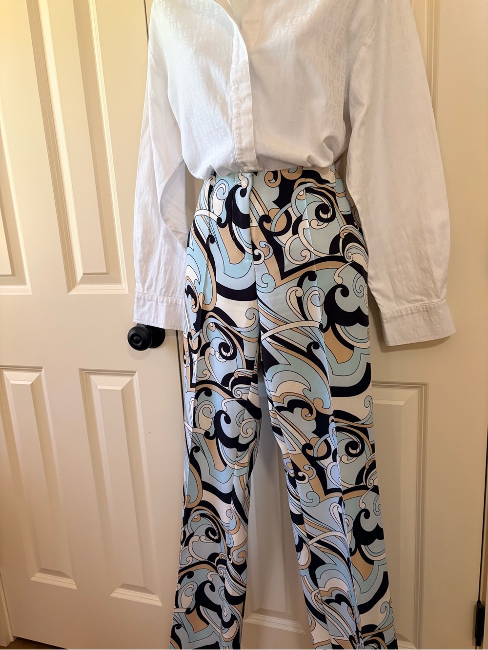 High-Waist Wide Leg Patterned Pants - Light Blue & Black, size S/m